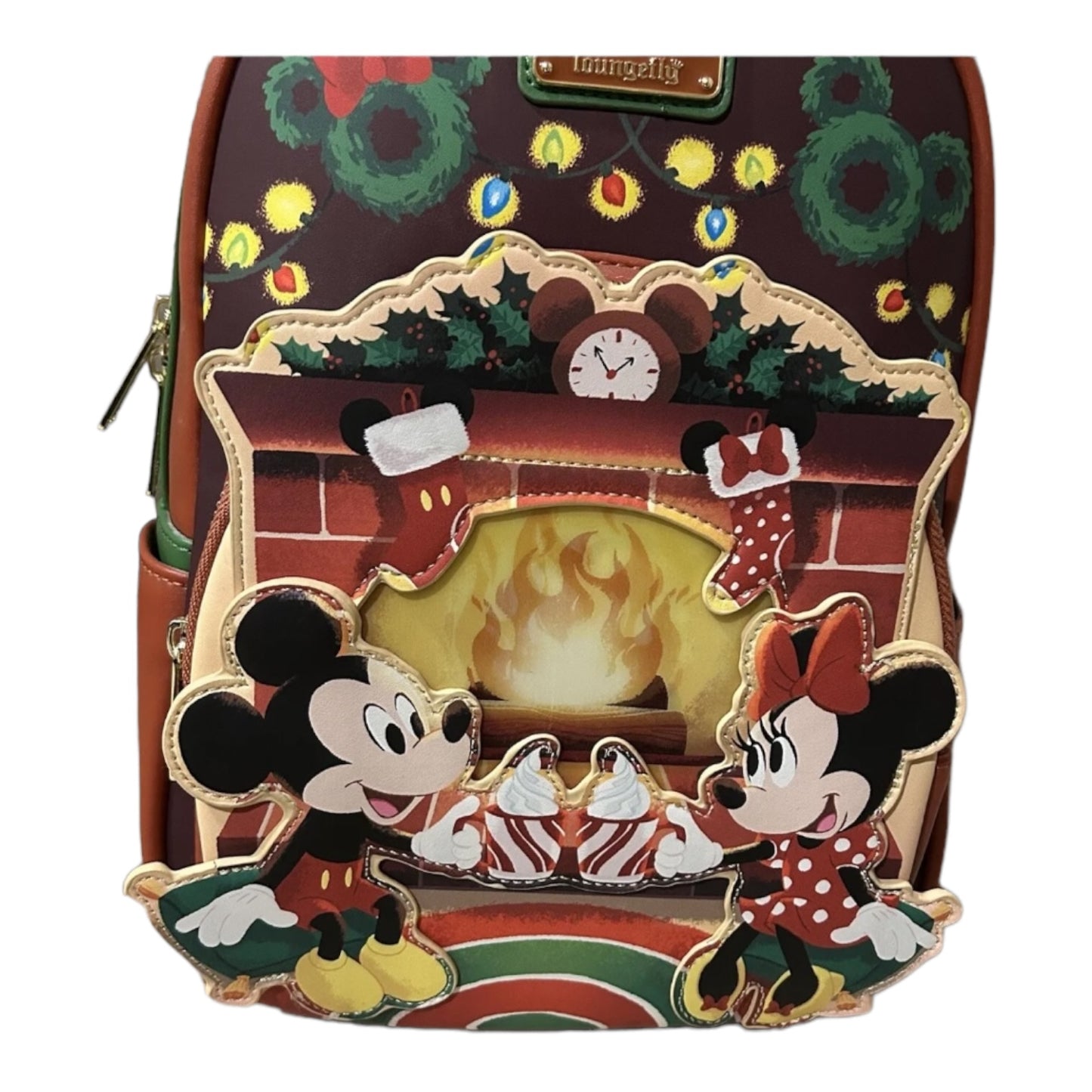 Disney Loungefly Minnie Mickey Hot Cocoa Fireplace Christmas Light Up Backpack